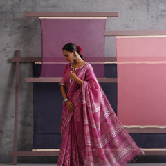 Women Hand Block Pink Cotton Linen Printed Saree