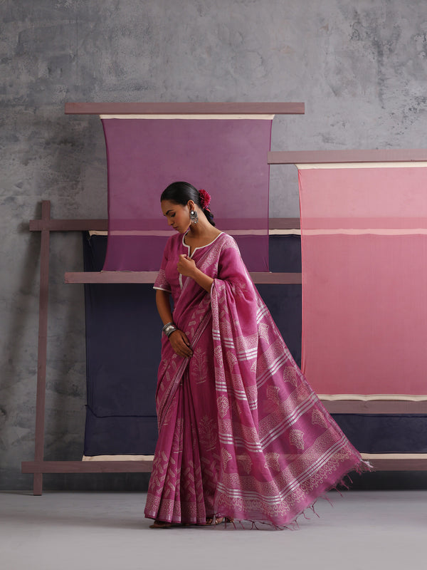 Women Hand Block Pink Cotton Linen Printed Saree