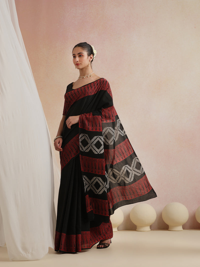 Women Hand Block Black Pure Cotton Printed Saree