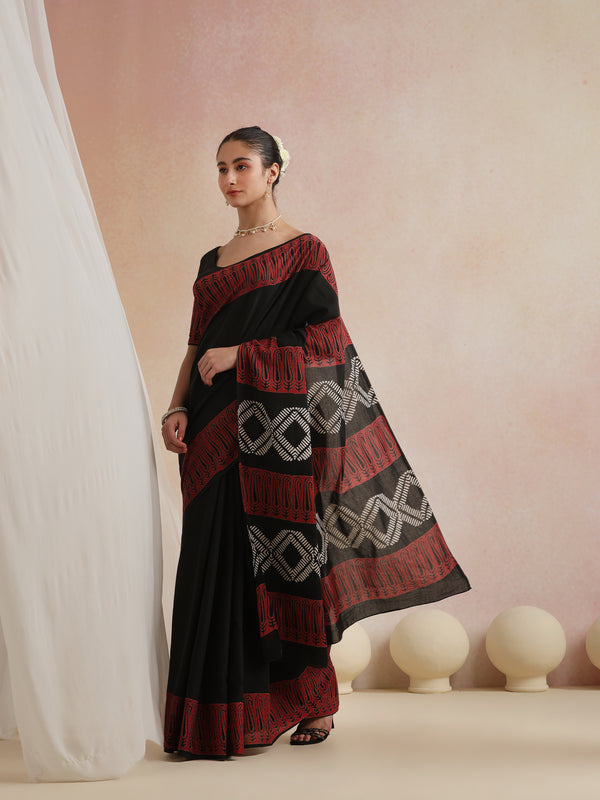 Women Hand Block Black Pure Cotton Printed Saree