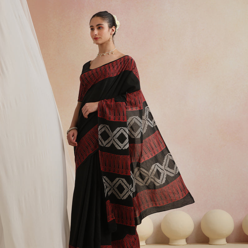 Women Hand Block Black Pure Cotton Printed Saree - Khushal K - Image 5