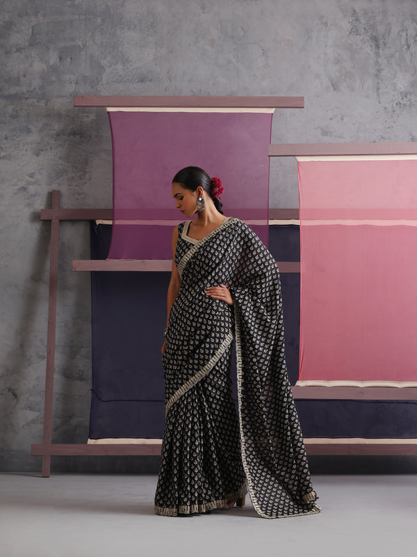 Women Embroidered Black Pure Cotton Printed Saree