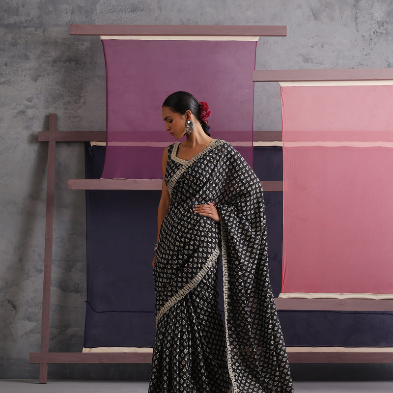 Women Embroidered Black Pure Cotton Printed Saree - Khushal K - Image 5