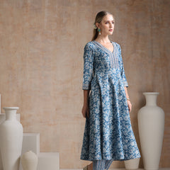 Ethnic Motifs Printed V-Neck Anarkali Pure Cotton Kurta With Trousers & Dupatta