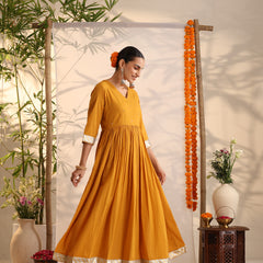Khushal K Women Cotton Kurta and Palazzo With Dupatta Set - Mustard
