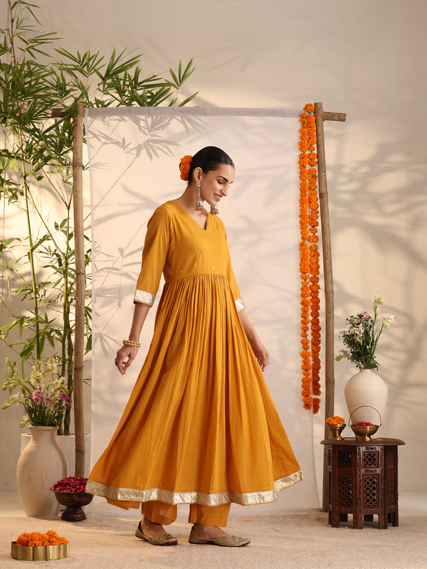Khushal K Women Cotton Kurta and Palazzo With Dupatta Set - Mustard