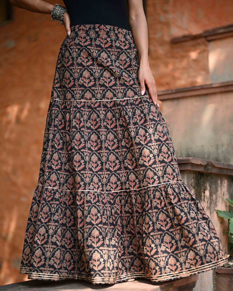 Khushal K Women's Black Printed Cotton Flared Maxi Skirt