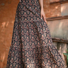 Khushal K Women's Black Printed Cotton Flared Maxi Skirt