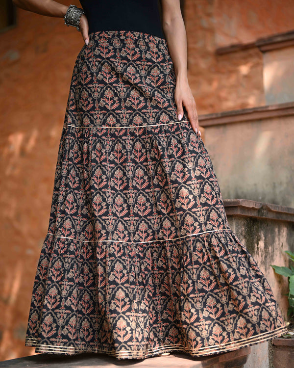 Khushal K Women's Black Printed Cotton Flared Maxi Skirt