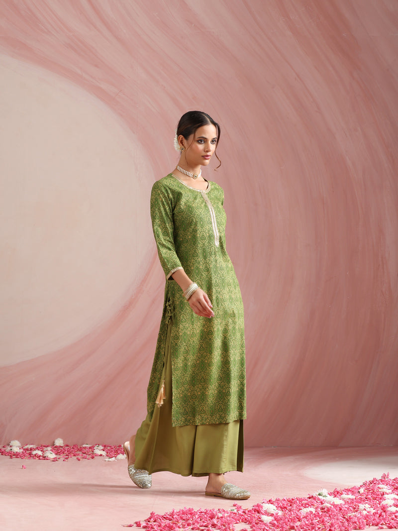 Ethnic Motifs Printed Round Neck Thread Work Kurta With Palazzos & Dupatta