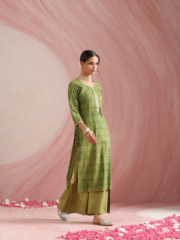 Ethnic Motifs Printed Round Neck Thread Work Kurta With Palazzos & Dupatta