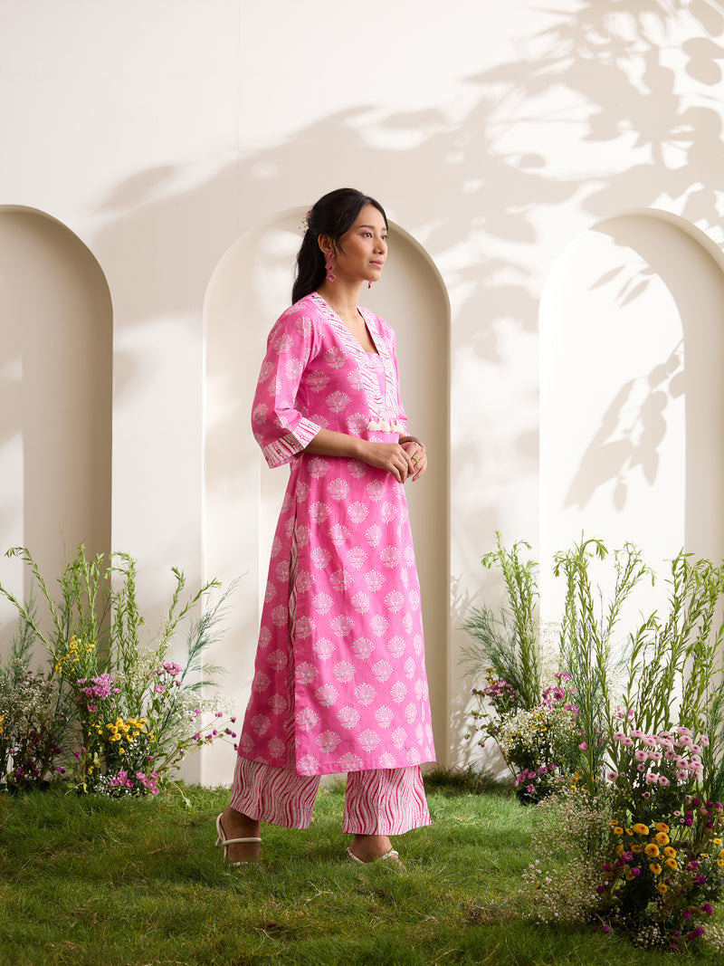 Khushal K Women Cotton Kurta And Palazzo With Dupatta Set - Pink