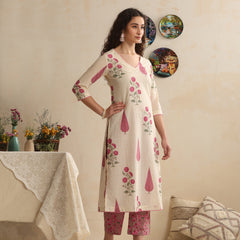 Khushal K Women Floral Printed Regular Pure Off White Cotton Kurta & Palazzo With Dupatta