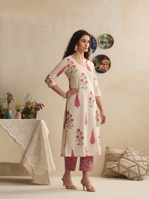 Khushal K Women Floral Printed Regular Pure Off White Cotton Kurta & Palazzo With Dupatta