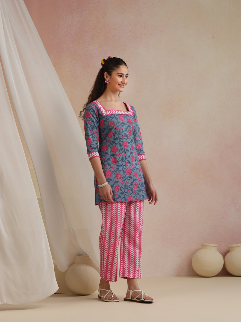 Khushal K Women Cotton Kurta Palazzo Dupatta Set - Blue