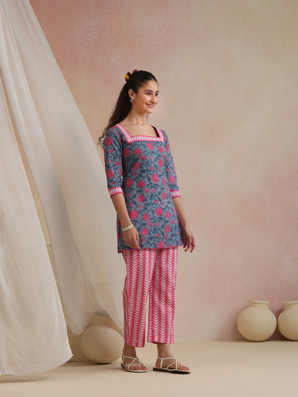 Khushal K Women Cotton Kurta Palazzo Dupatta Set - Blue