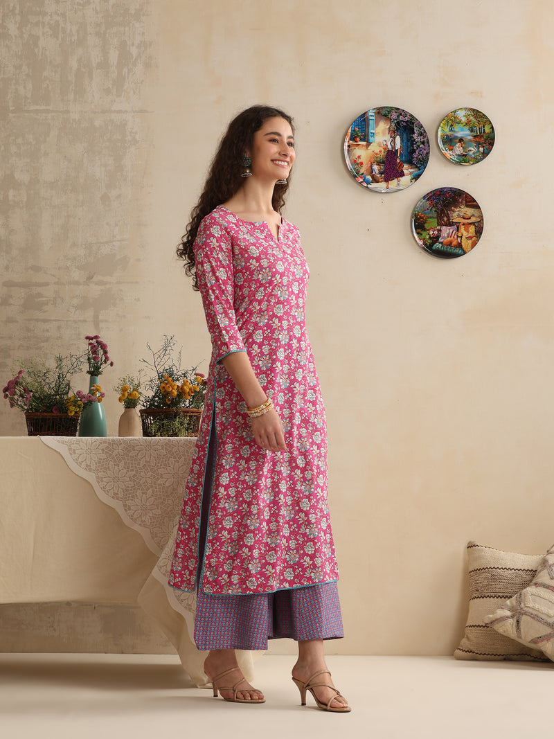 Khushal K Women Floral Printed Regular Pure Cotton Pink Kurta & Palazzo With Dupatta