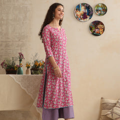 Khushal K Women Floral Printed Regular Pure Cotton Pink Kurta & Palazzo With Dupatta