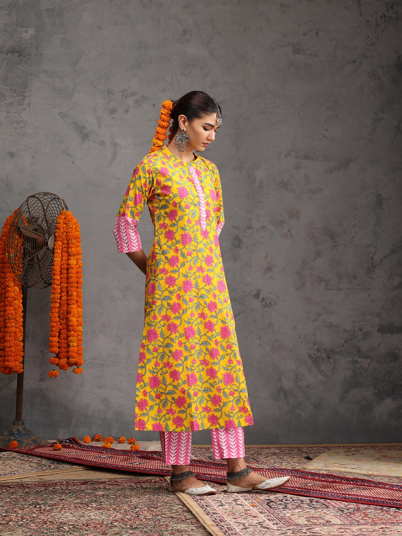 Khushal K Women Cotton Kurta Palazzo Dupatta Set - Yellow