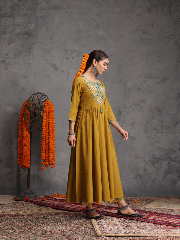 Khushal K Women Cotton Kurta Palazzo Dupatta Set - Mustard