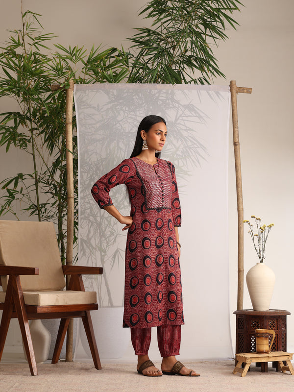 Khushal K Women Cotton kurta and Afghani Salwar with dupatta set - Maroon