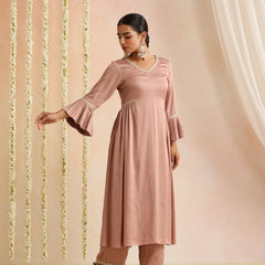 Peach & Gold Solid Kurta with Trousers & Dupatta