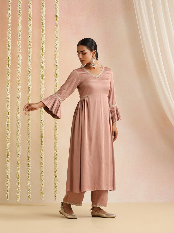 Peach & Gold Solid Kurta with Trousers & Dupatta