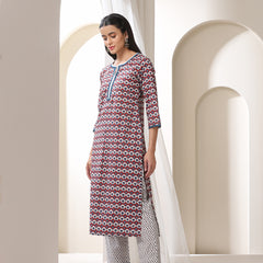 Floral Printed Notch-Neck Pure Cotton Kurta With Trousers And Dupatta