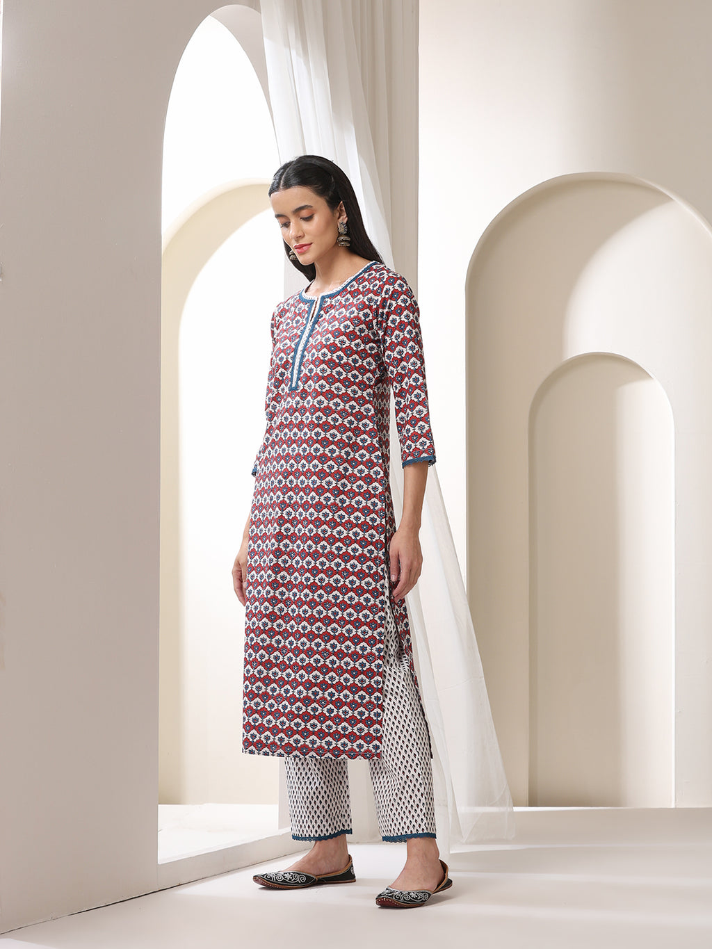 Floral Printed Notch-Neck Pure Cotton Kurta With Trousers And Dupatta