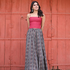 Khushal K Women's Black Printed Cotton Flared Maxi Skirt