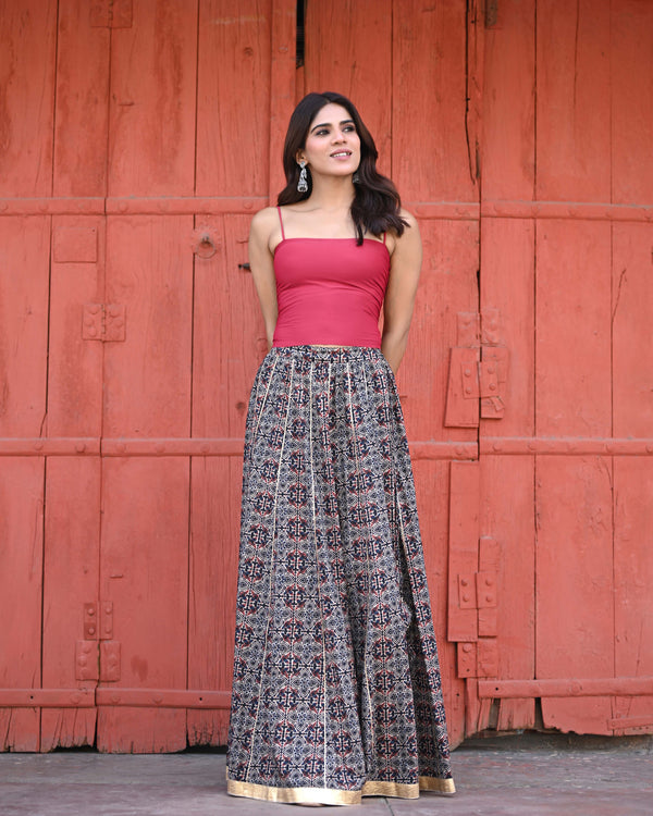 Khushal K Women's Black Printed Cotton Flared Maxi Skirt