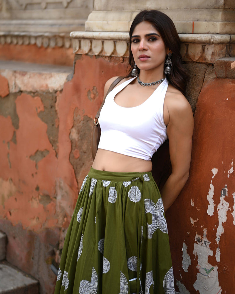 Khushal K Women's Green Printed Cotton Flared Maxi Skirt