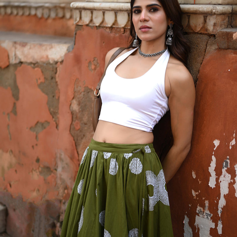 Khushal K Women's Green Printed Cotton Flared Maxi Skirt