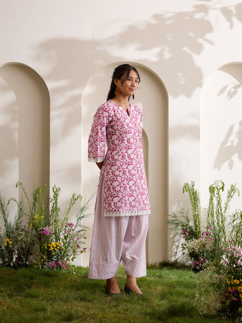 Khushal K Women Cotton Kurti And Farshi Salwar  With Dupatta Set - Maroon