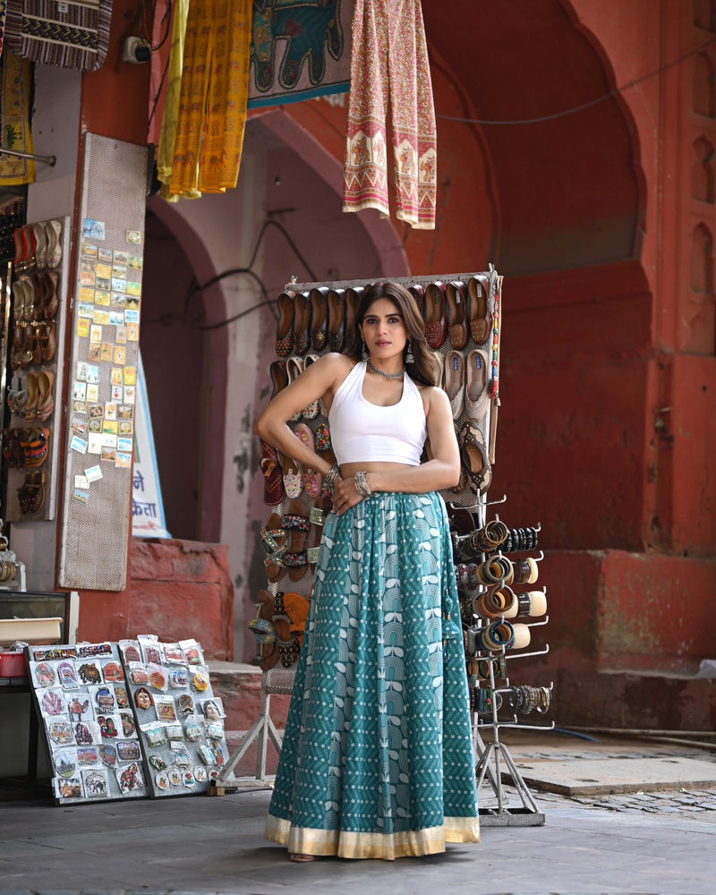 Khushal K Women's Turquoise Blue Printed Cotton Flared Maxi Skirt