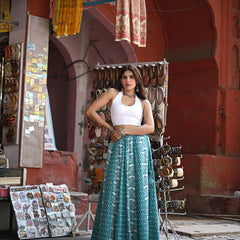 Khushal K Women's Turquoise Blue Printed Cotton Flared Maxi Skirt