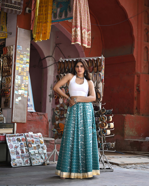 Khushal K Women's Turquoise Blue Printed Cotton Flared Maxi Skirt