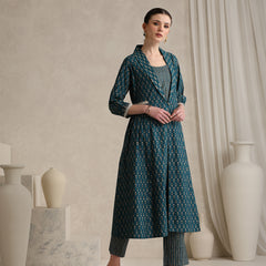 Teal Handblock Printed Cotton Blend Cord Set with Jacket