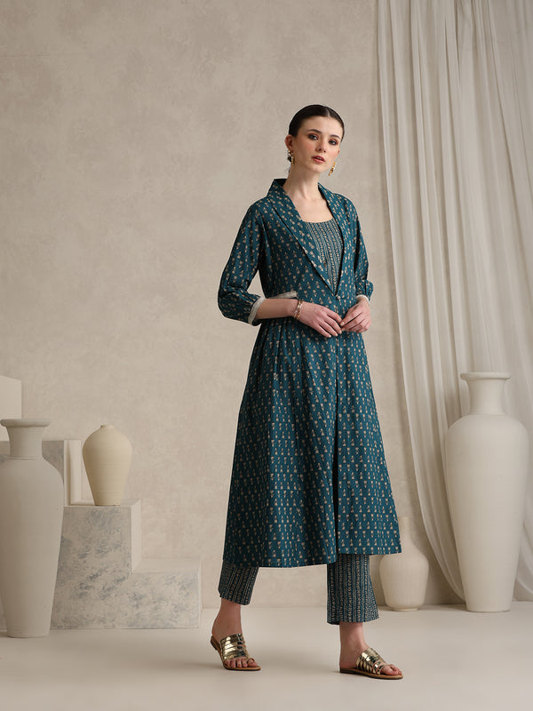 Teal Handblock Printed Cotton Blend Cord Set with Jacket