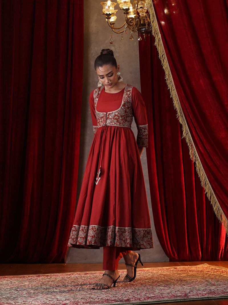 Khushal K Women Cotton kurta and palazzo with dupatta set - Rust