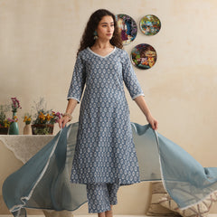 Khushal K Women Blue Floral Printed Regular Pure Cotton Kurta & Palazzo With Dupatta