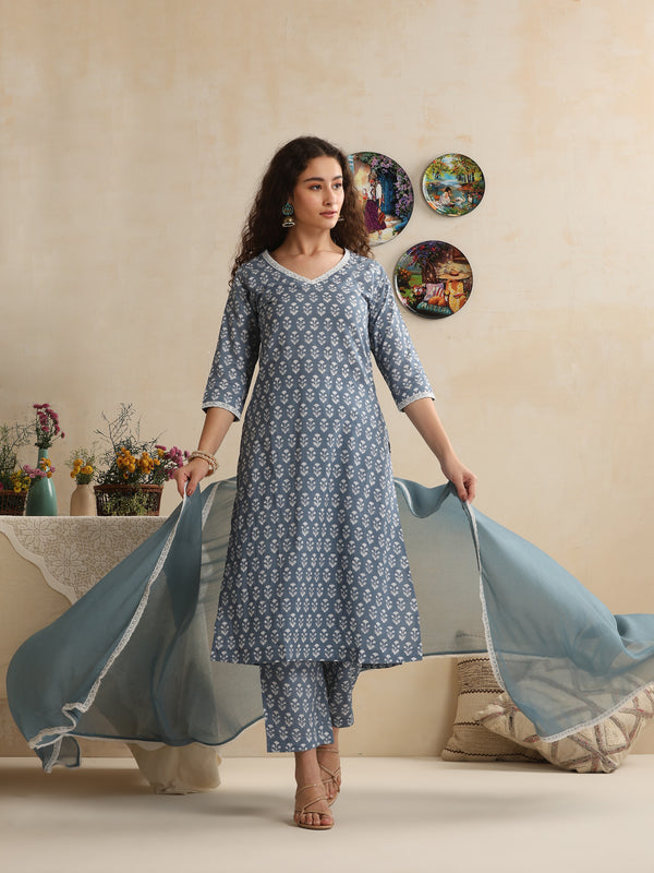 Khushal K Women Blue Floral Printed Regular Pure Cotton Kurta & Palazzo With Dupatta