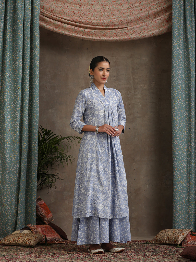 Floral Printed Pure Cotton A-Line Kurta With Palazzos And Dupatta