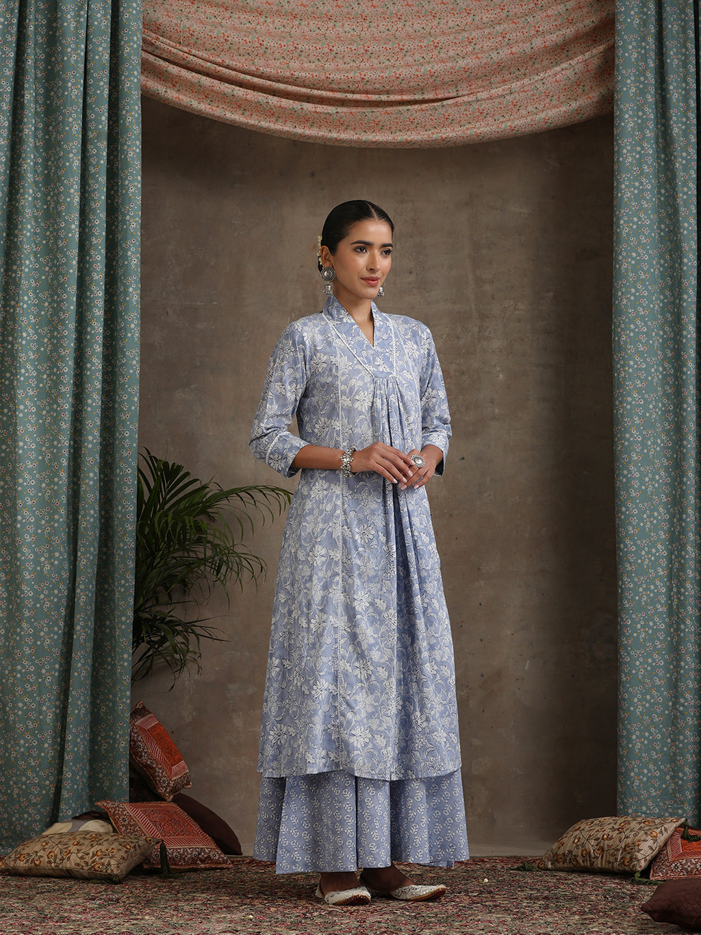 Floral Printed Pure Cotton A-Line Kurta With Palazzos And Dupatta