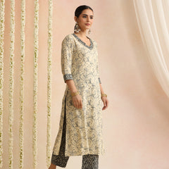 Cream & Black Ethnic Motif Kurta Set