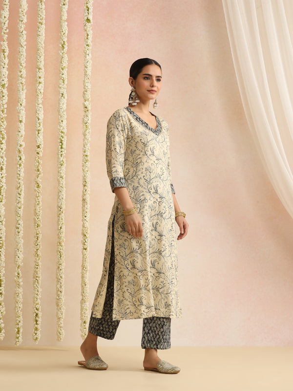 Cream & Black Ethnic Motif Kurta Set