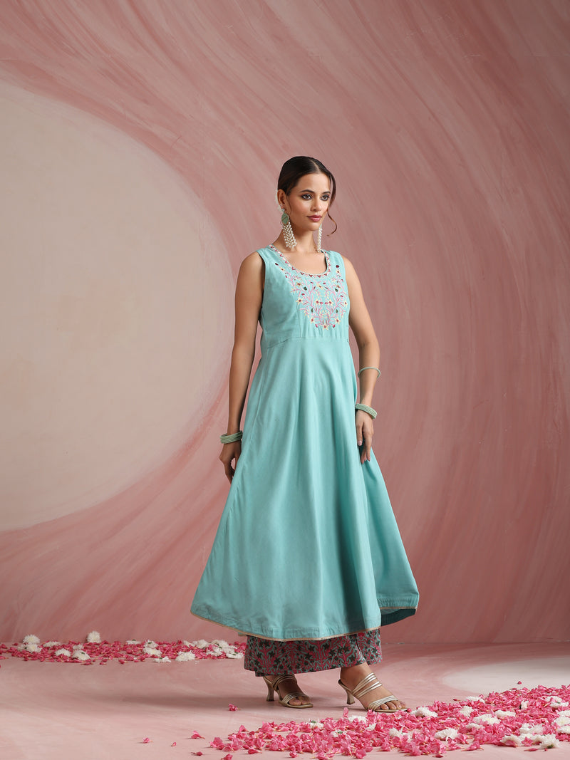 Turquoise Blue & Pink Embroidered Kurta with Palazzos & Dupatta Set