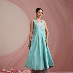 Turquoise Blue & Pink Embroidered Kurta with Palazzos & Dupatta Set