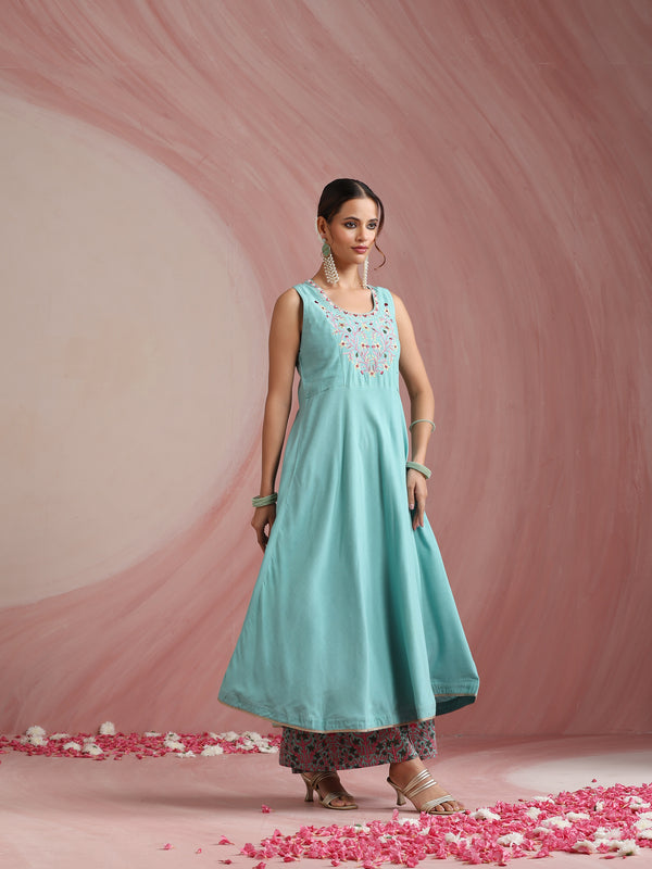 Turquoise Blue & Pink Embroidered Kurta with Palazzos & Dupatta Set