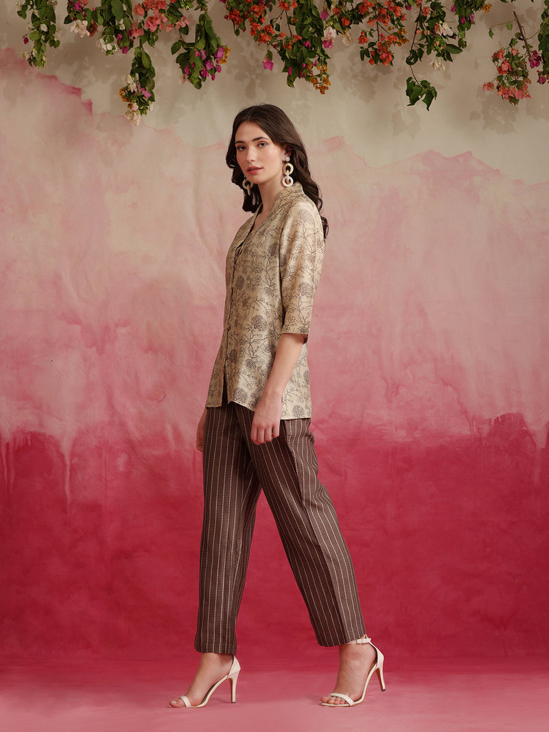 Printed Crop Top & Striped Pant Set with Jacket